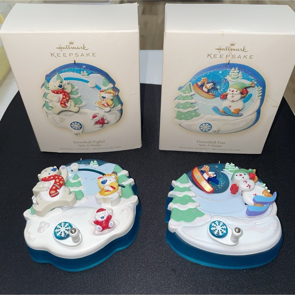 Snowball Fight & Downhill Fun Ornaments. 2008 Spin-A-Majigs. Both Work! Hallmark